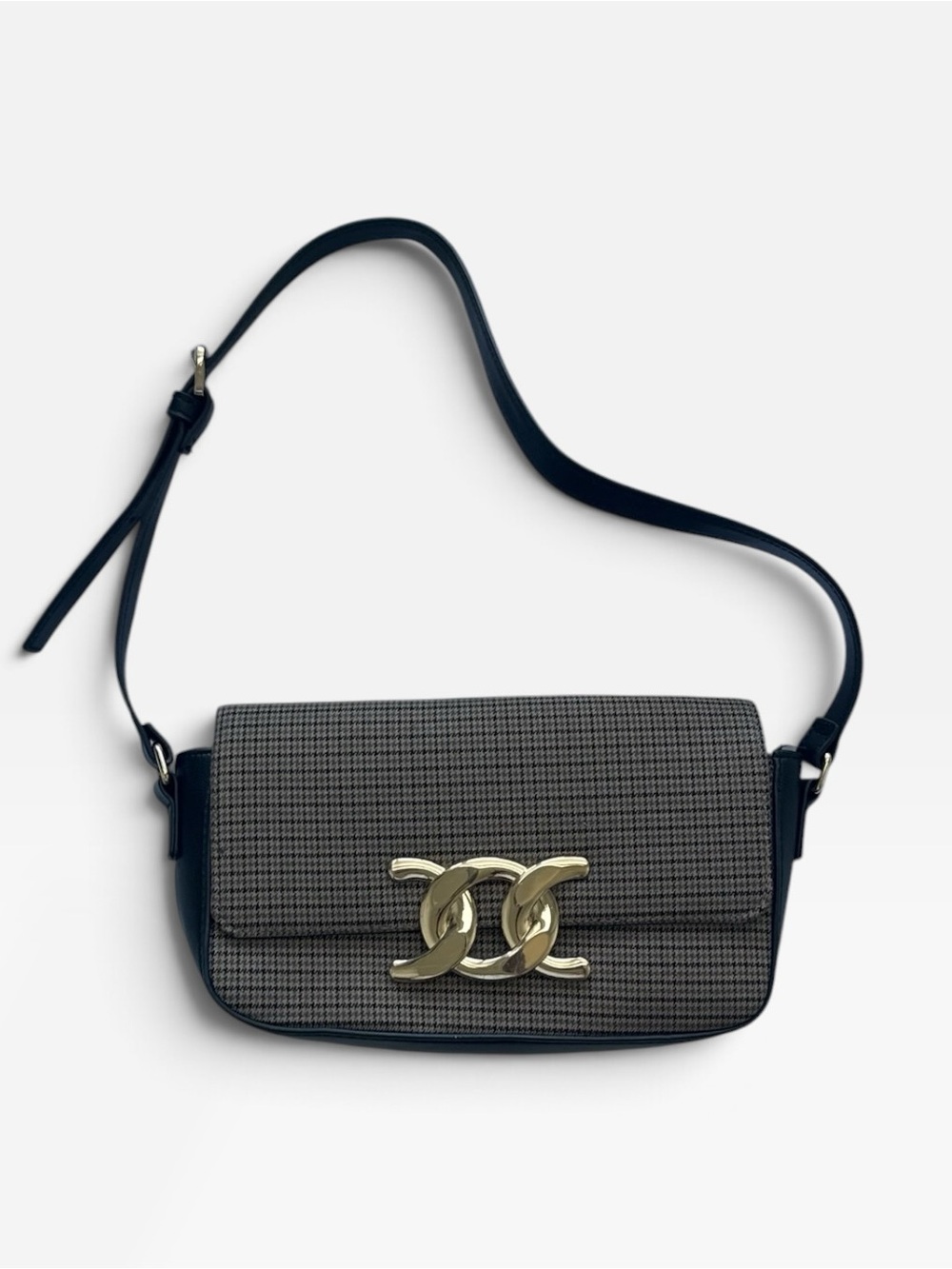 H&M Black and Brown Houndstooth Shoulder Bag with Gold Accent